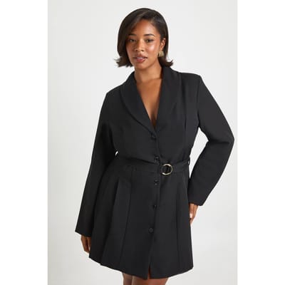 boohoo Dames Plus gespdetail gebonden taille getailleerde blazerjurk | Zwart | Maat: 48
