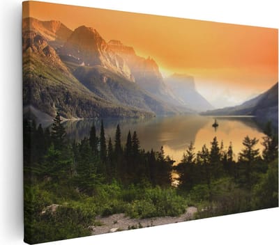 Artaza Canvas Schilderij Zonsondergang - 30x20 cm - Klein - Wanddecoratie Bergen - Muurdecoratie Bos - Schilderij Landschap - Kamer Accessoires