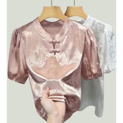 Nieuwe Chinese Stijl Opstaande Kraag Knoop Top Zomer Nieuwe Stijl Chinese Stijl Korte Mouw Chiffon Blouse Jacquard Satijnen Blouse voor Dames 3XL