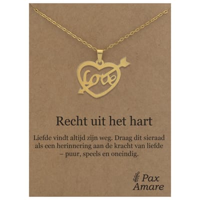 Stainless Steel Hartje met "Love" Ketting op Cadeau Kaartje - Recht uit het hart - 45cm Goudkleurig Roestvrij Staal - Pax Amare