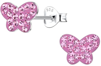 Joy|S - Zilveren vlinder oorbellen - 9 x 6 mm - kristalletjes roze - oorknoppen - sterling zilver 925