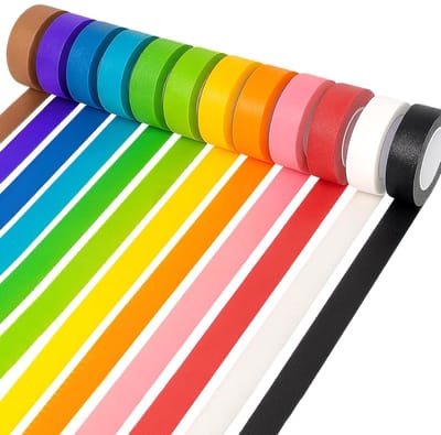12 stuks kleurrijke afplaktape, gekleurde tape voor kunstbenodigdheden, kerstknutseltape, kleurrijke schilderstape voor markeringen, klaslokaal, decoratie, regenboogkleurige tape op rol (1,7 cm x 20 m)