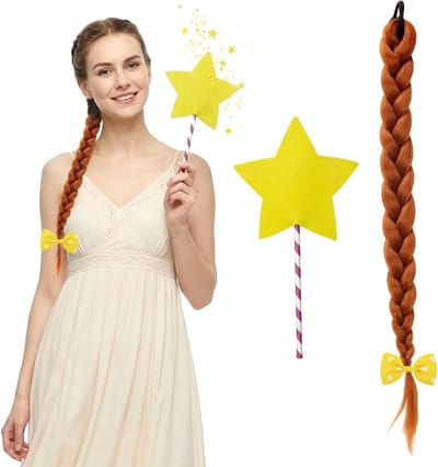 Bruna Vlechtperruik met Ster en Gele Strik voor Halloween, Cosplay en Feestkleding Accessoires