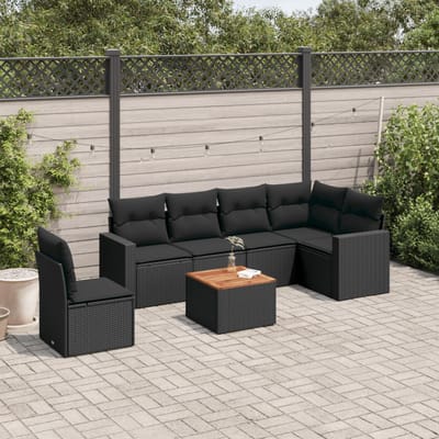 vidaXL - 7-delige - Loungeset - met - kussens - poly - rattan - zwart
