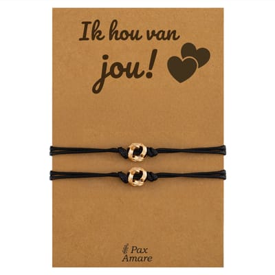 Vriendschapsarmbandjes voor 2 "Ik Hou van Jou" - Knoopjes - Koppel Armbandjes met Lief Cadeau Kaartje - Goudkleurig - Elastisch Verstelbaar - Pax Amare