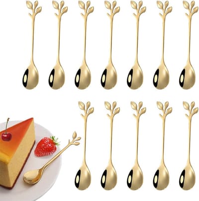 JGS ® Set van 12 roestvrijstalen bladkoffielepels, bladvormige handvatlepel, roestvrijstalen theelepel, mini-koffielepel, takontwerp, dessertlepel, gebruikt voor water, thee, melk, koffie, dessert, drankjes