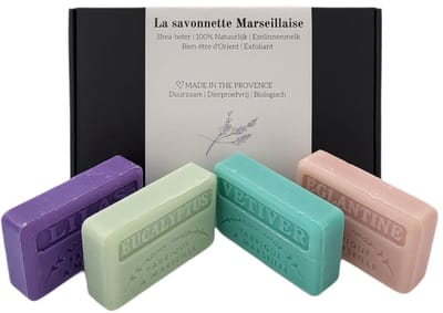 Zeep brievenbuscadeau: Lilas, Vetiver, Eglantine, Eucalyptus - savon de marseille - cadeaupakket