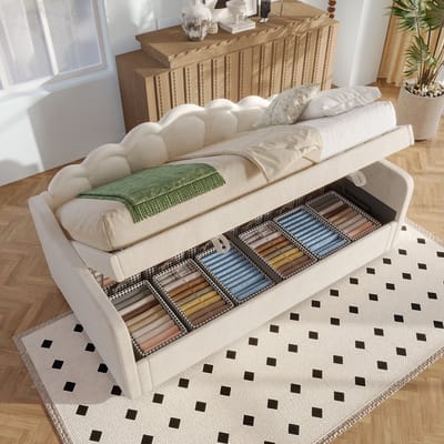 DESMIU Gestoffeerd Bed 90x200cm - Hydraulisch Bed met Opbergruimte - Slaapbank Voor Eenpersoonskamer - Fluweel - Beige - Zonder Matras