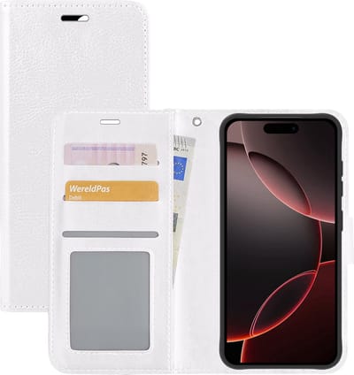 Hoesje - Met Pasjeshouder - Geschikt voor Apple iPhone 16 Pro Max - Luxe Bookcase Portemonee - Flip Case - Kunstleer Book Case - Flipcase - Book Cover - Walletcase - Portemonneehoes - Wit
