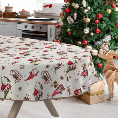 ANRO Tafelkleed Kerstkabouter Rood Ovaal 180x140cm Met sierband Afwasbaar Waterafstotend