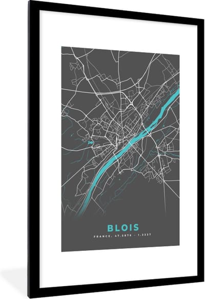 Fotolijst incl. Poster - Blois - Frankrijk - Plattegrond - Kaart - Stadskaart - 80x120 cm - Posterlijst
