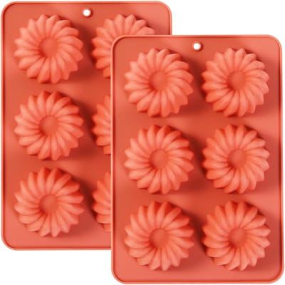 Siliconen Mini Bunte Cakevorm, 6-Cavity Geribbeld Ontwerp, Terracotta, Set van 2