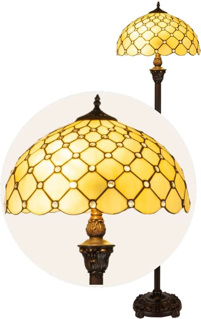 Tiffany vloerlamp ruitpatroon - Crème-amber - Ø 40 × H 165 cm - Staande lamp - Glas in lood - Warm licht - Glasjuweeltjes | RORUVERA