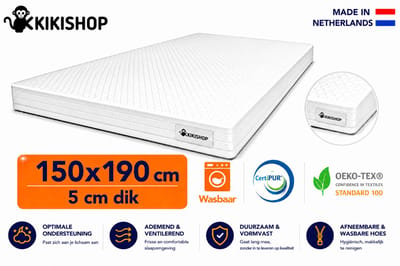 Kikishop Topdekmatras 150x190 – 5 cm HR Koudschuim – Afritsbaar & Wasbaar – CertiPUR® Gecertificeerd – Medium Hardheid – Comfort Matrastopper