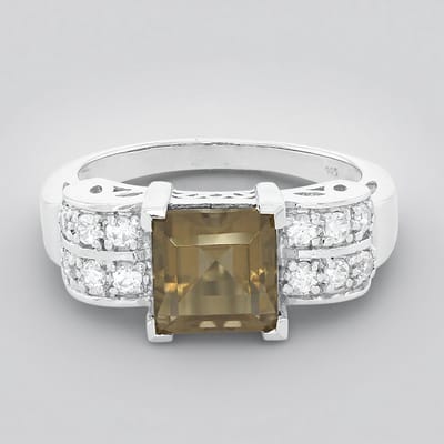 Cavill - Elegante zilveren ring 925 sterling zilver - Braziliaanse rookkwarts 2.18 ct carré - 12 pavé zirkonia 0.617 ct - stijlvolle damesring