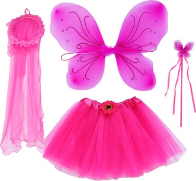 Joya Kids® Tuin Vlinder Fee Verkleedset voor Meisjes | Tutu verkleedkleding | Prinsessencape | Cape Set | Unicorn | Meisje Verkleedset | Carnvalskleding Halloween Meisjes | Met Haarband, Staf, Vleugels en Tutu | Hard Roze