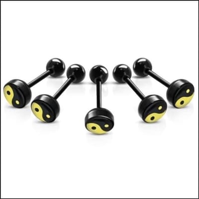 Aramat Jewels | Tongpiercings | Zwarte Bioplast Tongpiercing hem en haar | YingYang | |8mm | Kunststof | Volwassenen | Verkleurd niet