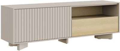 Selsey Distria – TV-meubel met lade en geribbelde front kasjmiergrijs / eikenlook, 140 cm