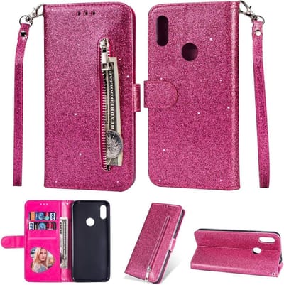 Bookcase Geschikt voor: Samsung Galaxy M11 Glitter met rits - hoesje - portemonnee hoesje - Roze