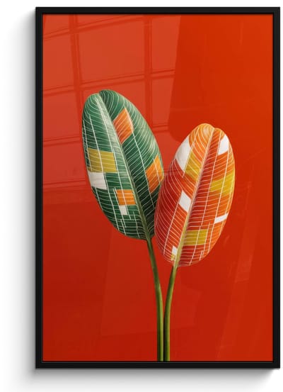 Poster in lijst - Fotolijst 80x120 cm - Posters - Bladeren - Ovaal - Mozaïek - Patroon - Posterlijst zwart - Decoratie - Wanddecoratie woonkamer - Muurdecoratie slaapkamer