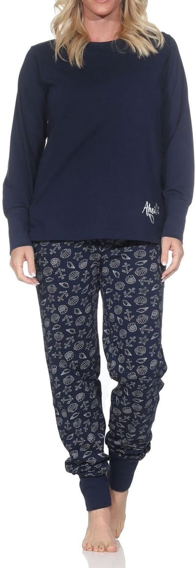 Lange Normann damespyjama met manchetten in nautische look - ook in grote maten