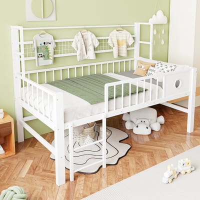 Kinderbed 90x200 cm - halfhoogslaper met metalen frame en opbergruimte - voor kinderen en tieners - wit - zonder matras