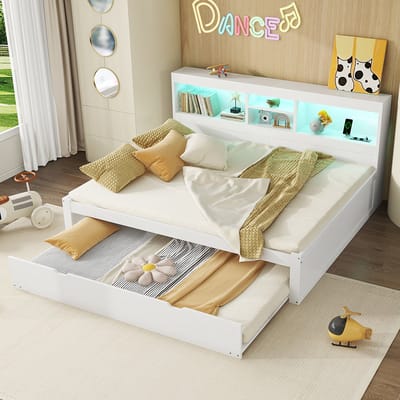 Pugsdrly Tweepersoonsbed Volwassen bed Gecombineerd bed Nestbed 140x200 cm afstandsbedienbare sfeerverlichting opbergruimte aan de zijkant stopcontact + USB wit