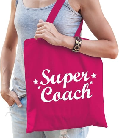 Super coach katoenen kado tas fuchsia roze - Cadeau tas voor coaches