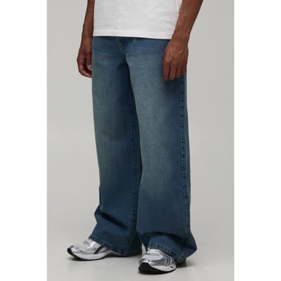 Essential Baggy Fit Rigid Washed Jeans | Antique Blue | Size 46R