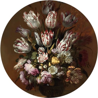 Indoorart - Muurcirkel Stilleven met bloemen Forex 30 cm - Wanddecoratie - Afbeelding op Forex - Inclusief ophangplaat