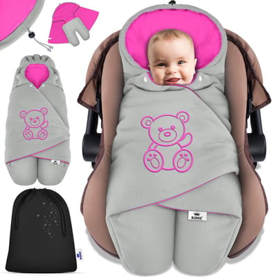 KIDIZ® Baby Slaapzak voor Buggy Voetenzak voor Autostoeltje & Wandelwagen Babyschaal, voor Winter met Kap + Babyslaapzak Deken voor Maxi-Cosi & Kinderwagen alle Gordelsystemen 3 & 5-Puntsgordel - Grijs / Roze