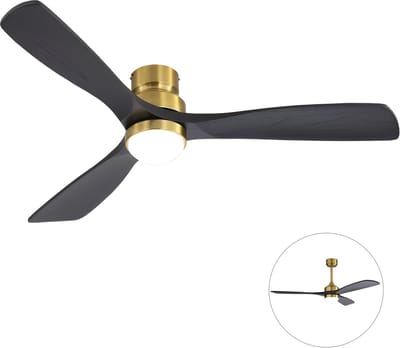 Plafondventilator Met Lamp - 3 Hout Bladen - Ø 52 inch - Dimbare lamp - Met Afstandsbediening - 6 ventilatorstanden - Met timerfunctie - LED's Light - Goud, zwart