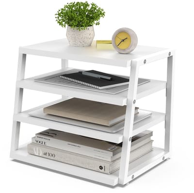 Bureau-Organizer 4 Niveaus Bestand-Organizer voor Bureau, Hout+Metaal Bureaublad Opslagrek Plankhouder voor Kantoorbenodigdheden en Accessoires Wit