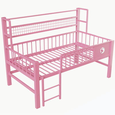 Kinderbed 90x200 cm - halfhoogslaper met metalen frame en opbergruimte - voor kinderen en tieners - roze - zonder matras