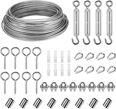 Ynkkvre - roestvrijstalen koord set - 30m - 3mm PVC gecoat staal - met M5 spanner en haken - voor waslijn, verlichting ophangen, klimplanten en reling
