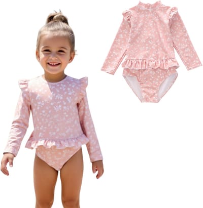 Joya Kids® Badpak Lange Mouw Oud Roze met Bloemen print met Ruches Meisjes | Zwempak met ruches UV Badpak Roze Gebloemd | Zwempak Lange Mouw UV Bescherming | Meisje Bikini Zomer | Kinderbadpak Peuter | Maat S | 2-3 Jaar
