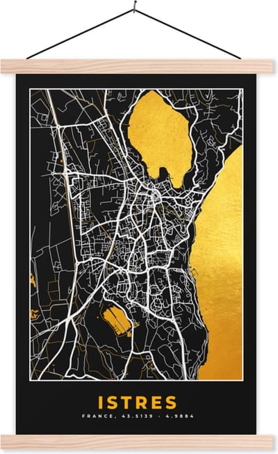 Posterhanger incl. Poster 40x60 cm - Schoolplaat - Frankrijk - Plattegrond - Istres - Stadskaart - Kaart - Textielposter - Blanke latten - Stadskaart