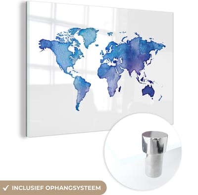 ® Glasschilderij 180x120 cm - Schilderij acrylglas - Wereldkaart - Waterverf - Blauw - Foto op glas - Muurdecoratie woonkamer - Wanddecoratie slaapkamer - Schilderijen