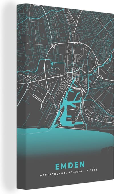 Canvas Schilderij Plattegrond – Emden – Blauw – Stadskaart – Kaart - Duitsland - 20x30 cm - Wanddecoratie
