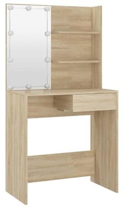 VidaXL Dressing Table With LED 74.5x40x141cm Carved Wood Sonoma Oak Color - Makeup Table For Bedroom, Wall Table