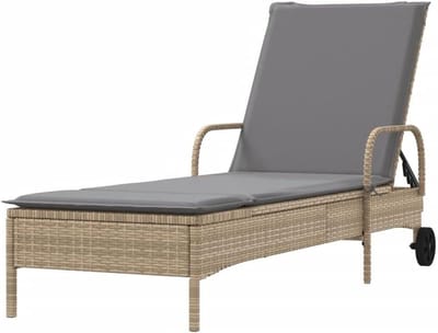 Ligstoel met kussen - Verstelbare loungestoel - Ontspannen buiten - Wielen voor verplaatsing - 61x161x87 cm - Beige en grijs