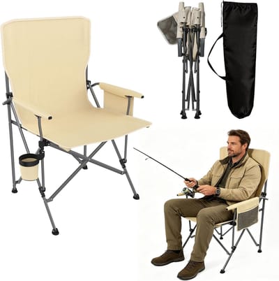 Opvouwbare Visstoel Met Drankhouder & Zijzak - Fischersessel Met Armleuningen - Lichtgewicht Campingstoel - Voor Vissen, Camping, Picknick & Tuin - Beige - NAIZY