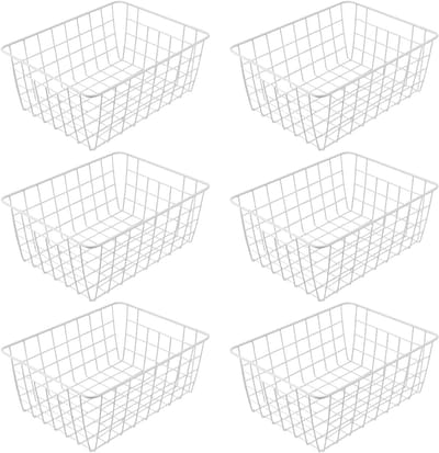 Set van 6 witte metalen opbergmanden van 28 x 22 x 12 cm voor badkamer, koelkast en pantry, ideaal voor georganiseerde opslag in huis