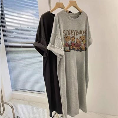 Zomer Losse Koreaanse Versie Puur Katoen T-shirt Dames Grote Maat Lange Casual Rok Retro Top M gray