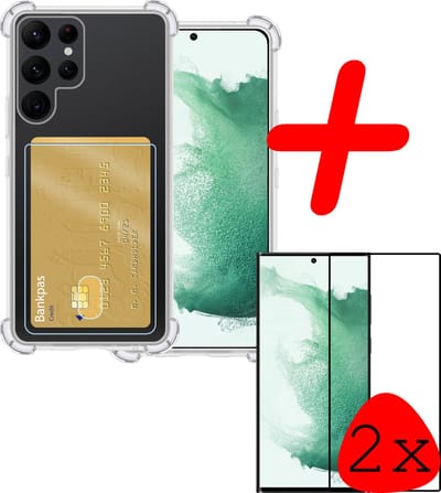 Hoesje Geschikt voor Samsung Galaxy S22 Ultra - Met 2x Screenprotector - Pashouder - Kaarthouder - Telefoon Hoes Shockproof - Siliconen Case - Back Cover - Shock Proof - Pasjes Houder - Transparant