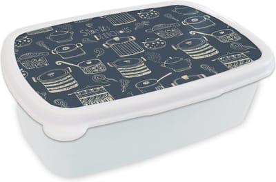 Broodtrommel Wit - Lunchbox - Brooddoos - Patroon - Pannen - Koken - 18x12x6 cm - Volwassenen