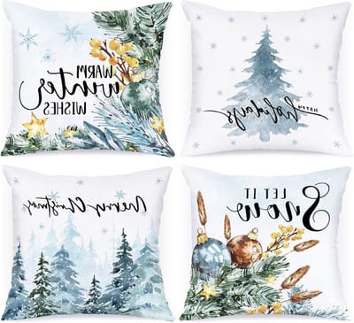 Set van 4 Winterse Kussenhoezen 40x40 cm, Decoratieve Sneeuw Kussens voor Kerstmis, Ideaal voor Binnen en Slaapkamer Decoratie