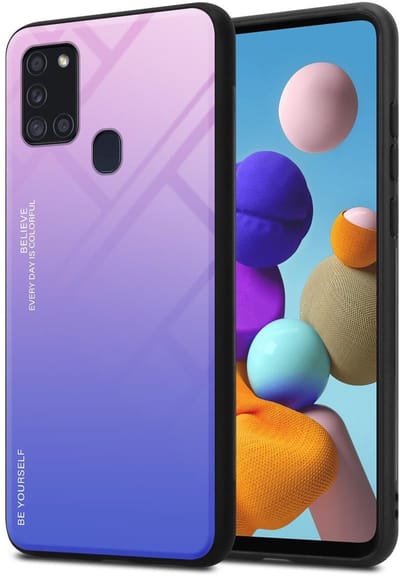 Cadorabo Hoesje geschikt voor Samsung Galaxy A21s in ROZE - BLAUW - Tweekleurige beschermhoes van TPU-silicone Case Cover en achterzijde van gehard glas