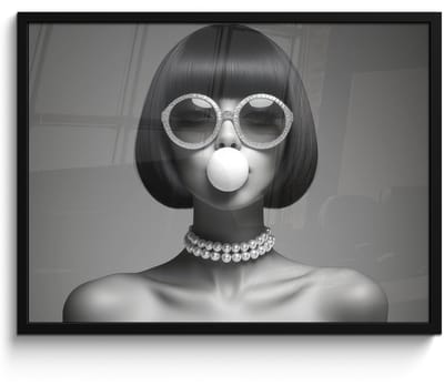 Fotolijst incl. Poster Zwart Wit- Vrouw - Zwart Wit - Ketting - Zonnebril - 70x50 cm - Posterlijst