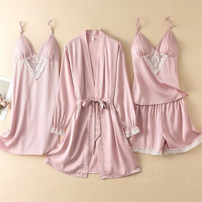 Lente Zomer 4-delige Pyjama Set Dames Pyjama Nachtkleding Sexy Kant Kimono Badjas Nachthemd Losse Zijde Satijn Homewear Loungewear XL gray
